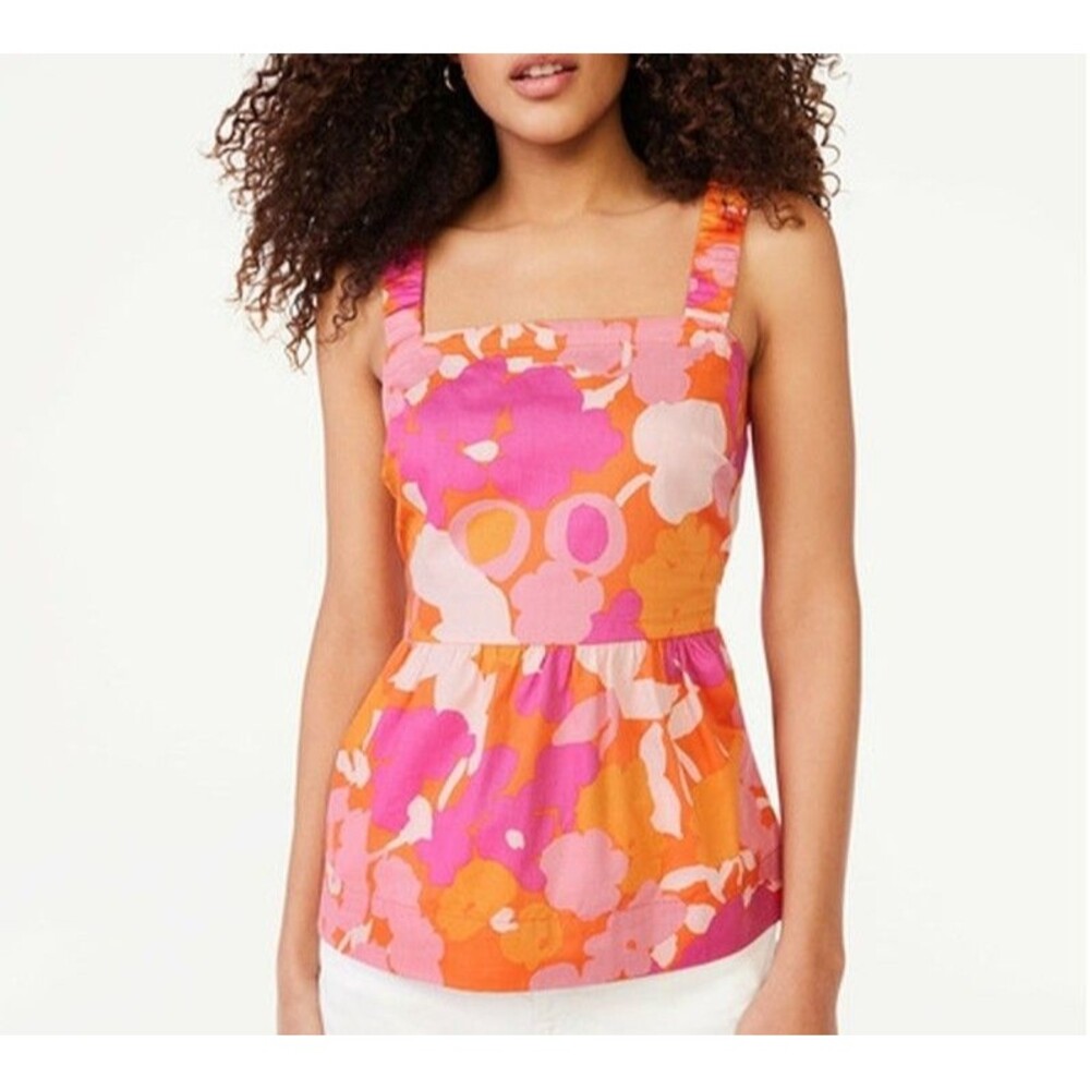Free Assembly Women's Top Large Pink Orange Floral Sleeveless Cutout Back Cotton